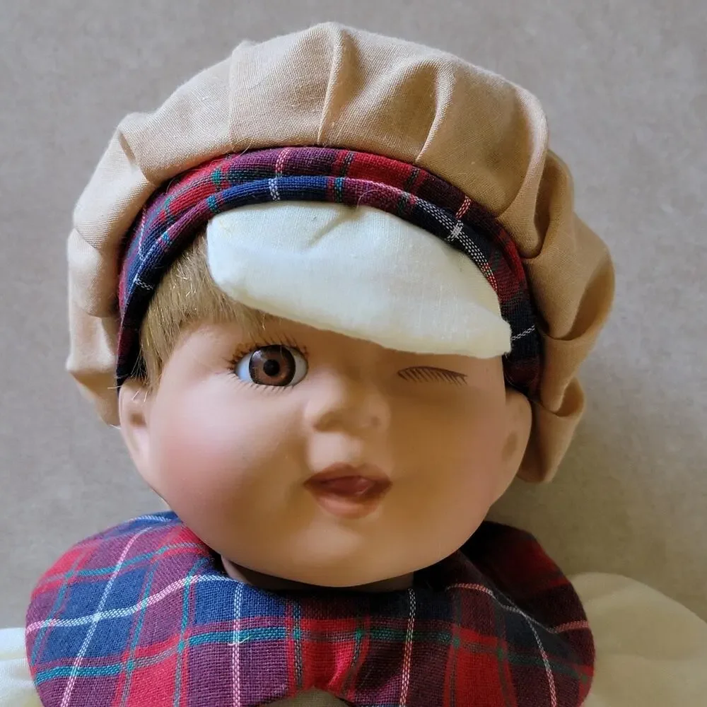 Paper Boy Winking Porcelain Doll Brown Eyes Blonde Hair 16 Inches Collector